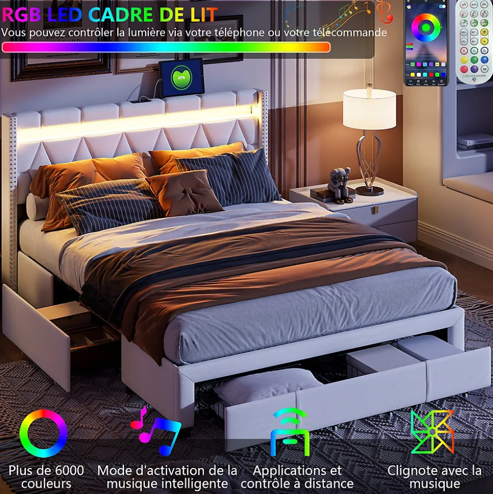 Lit coffre 160x200 cm, capitonné lin, lit double avec 4 tiroirs, LED, USB & Type-C, sommier à lattes et tête de lit, Beige