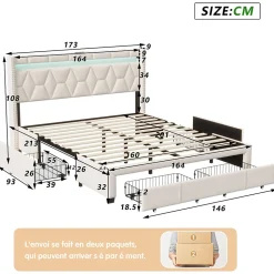 Lit coffre 160x200 cm, capitonné lin, lit double avec 4 tiroirs, LED, USB & Type-C, sommier à lattes et tête de lit, Beige