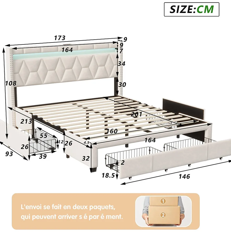 Lit coffre 160x200 cm, capitonné lin, lit double avec 4 tiroirs, LED, USB & Type-C, sommier à lattes et tête de lit, Beige