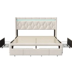 Lit coffre 160x200 cm, capitonné lin, lit double avec 4 tiroirs, LED, USB & Type-C, sommier à lattes et tête de lit, Beige
