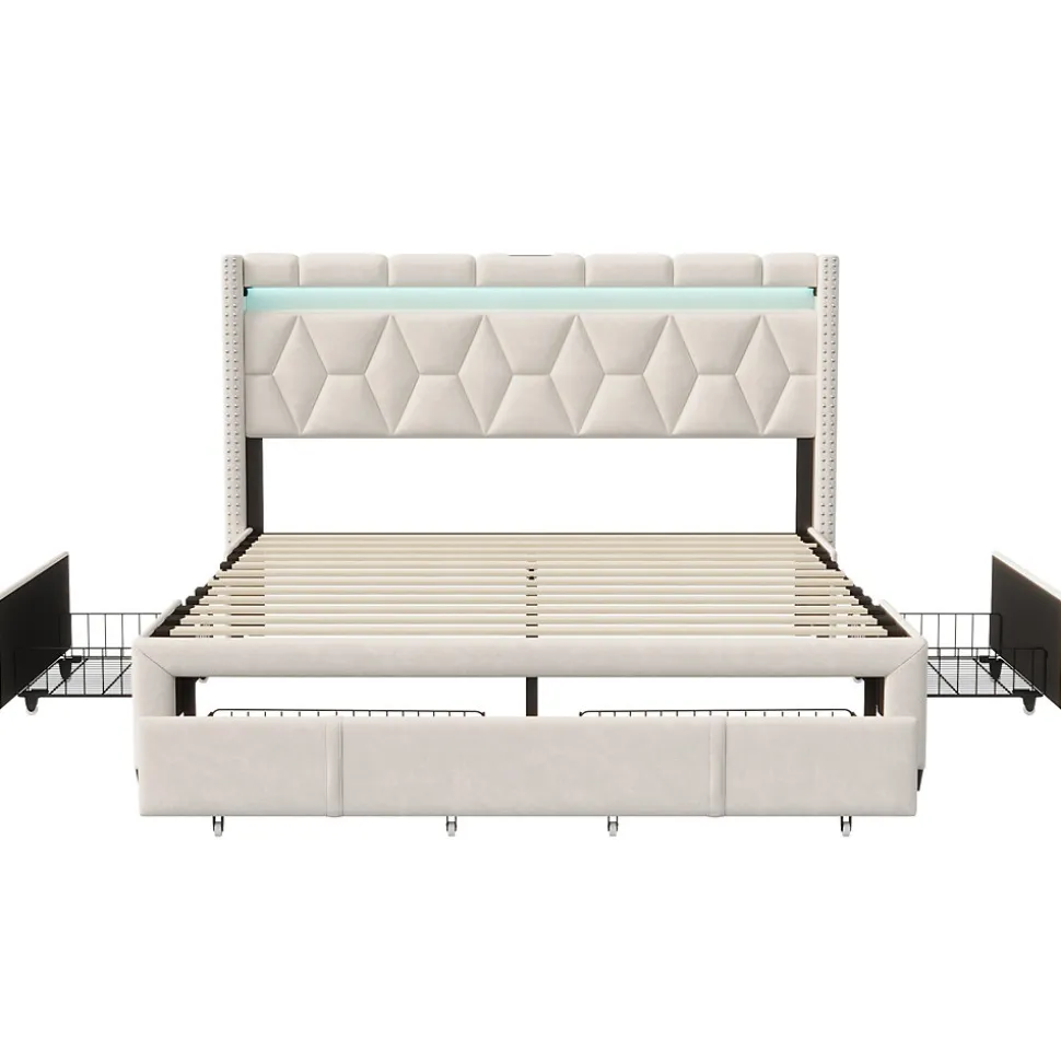 Lit coffre 160x200 cm, capitonné lin, lit double avec 4 tiroirs, LED, USB & Type-C, sommier à lattes et tête de lit, Beige