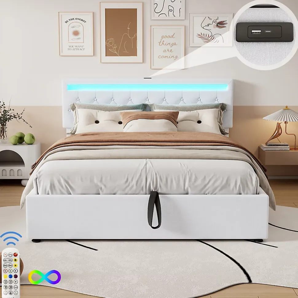 Lit coffre 160x200 cm double adulte avec télécommande LED et ports USB-C, structure lin MDF blanc, sans matelas