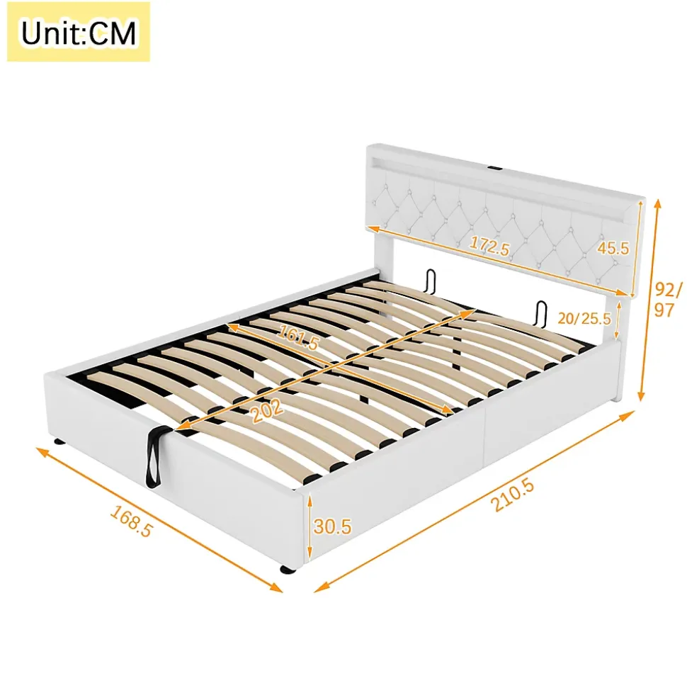 Lit coffre 160x200 cm double adulte avec télécommande LED et ports USB-C, structure lin MDF blanc, sans matelas