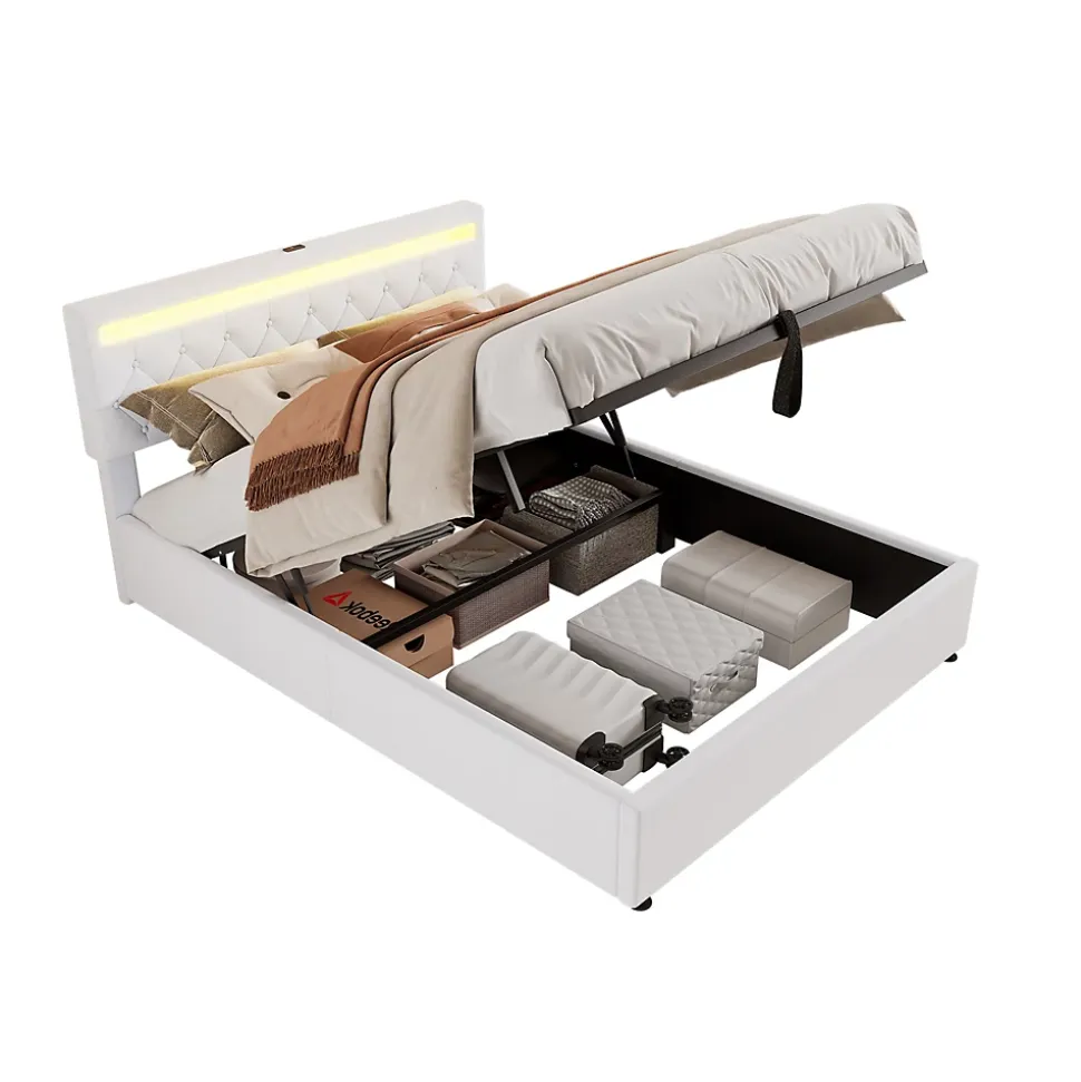 Lit coffre 160x200 cm double adulte avec télécommande LED et ports USB-C, structure lin MDF blanc, sans matelas