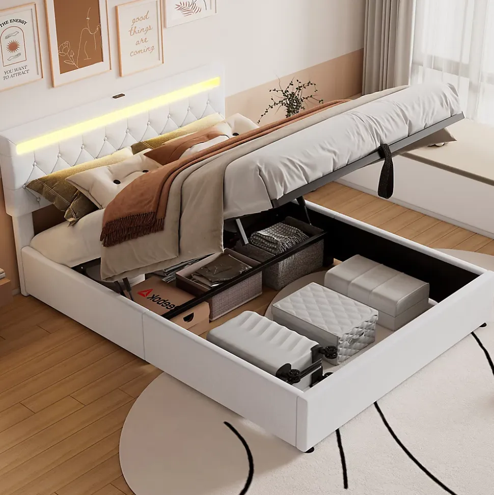 Lit coffre 160x200 cm double adulte avec télécommande LED et ports USB-C, structure lin MDF blanc, sans matelas