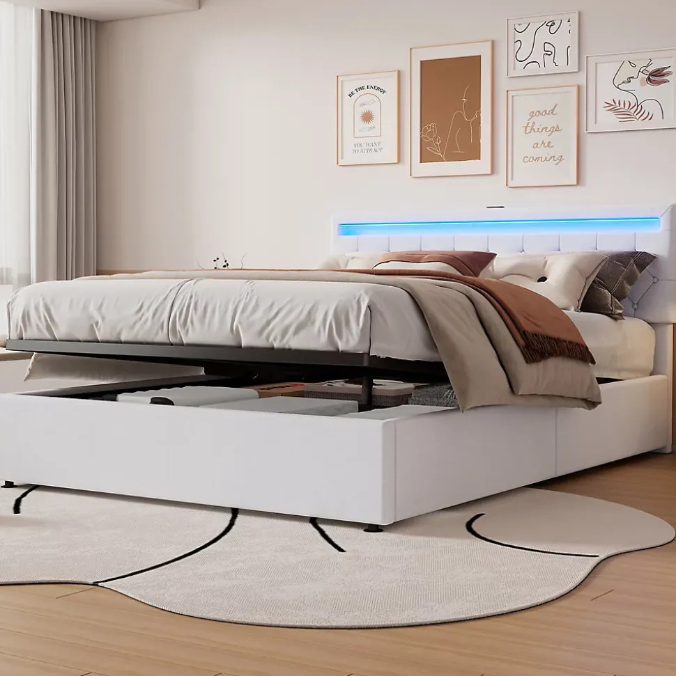 Lit coffre 160x200 cm double adulte avec télécommande LED et ports USB-C, structure lin MDF blanc, sans matelas