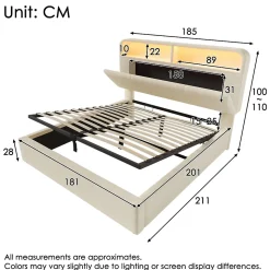 Lit coffre 180x200 cm double avec LED intégrée, tête de lit réglable, charge USB/Type-C, velours beige - Sans matelas