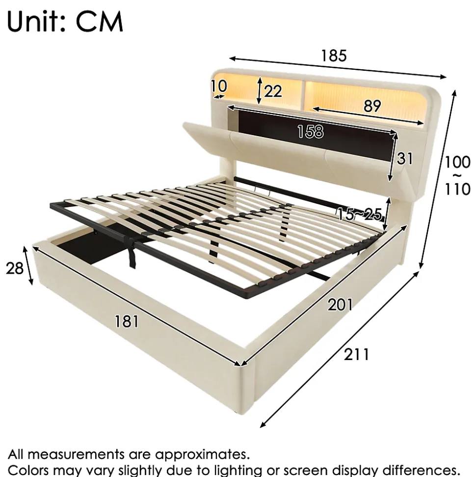 Lit coffre 180x200 cm double avec LED intégrée, tête de lit réglable, charge USB/Type-C, velours beige - Sans matelas