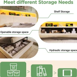 Lit coffre 180x200 cm double avec LED intégrée, tête de lit réglable, charge USB/Type-C, velours beige - Sans matelas