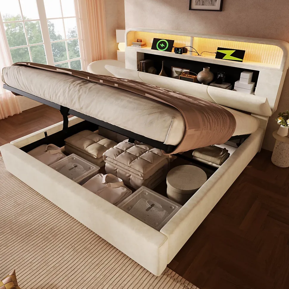 Lit coffre 180x200 cm double avec LED intégrée, tête de lit réglable, charge USB/Type-C, velours beige - Sans matelas
