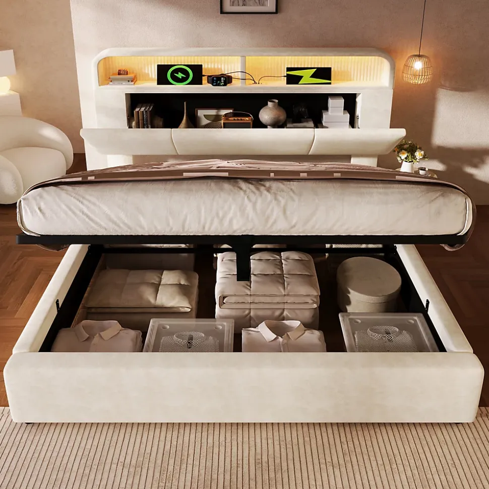 Lit coffre 180x200 cm double avec LED intégrée, tête de lit réglable, charge USB/Type-C, velours beige - Sans matelas