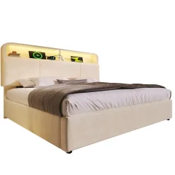 Lit coffre 180x200 cm double avec LED intégrée, tête de lit réglable, charge USB/Type-C, velours beige - Sans matelas