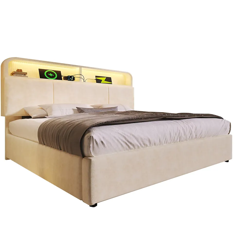 Lit coffre 180x200 cm double avec LED intégrée, tête de lit réglable, charge USB/Type-C, velours beige - Sans matelas