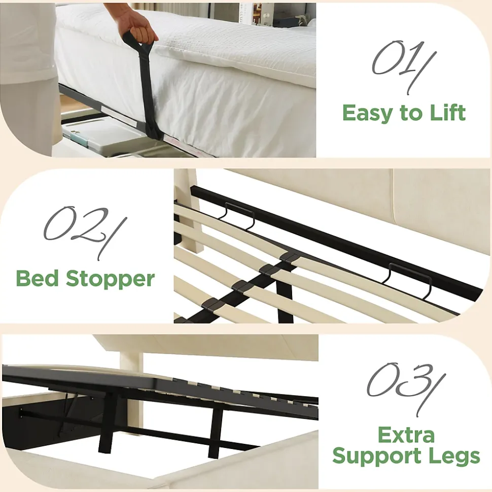 Lit coffre 180x200 cm double avec LED intégrée, tête de lit réglable, charge USB/Type-C, velours beige - Sans matelas