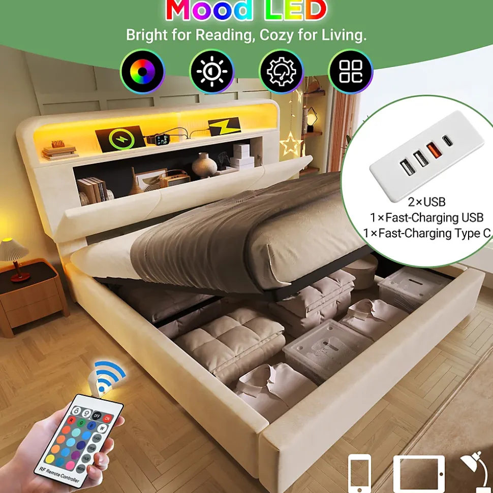 Lit coffre 180x200 cm double avec LED intégrée, tête de lit réglable, charge USB/Type-C, velours beige - Sans matelas