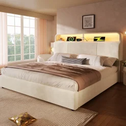 Lit coffre 180x200 cm double avec LED intégrée, tête de lit réglable, charge USB/Type-C, velours beige - Sans matelas