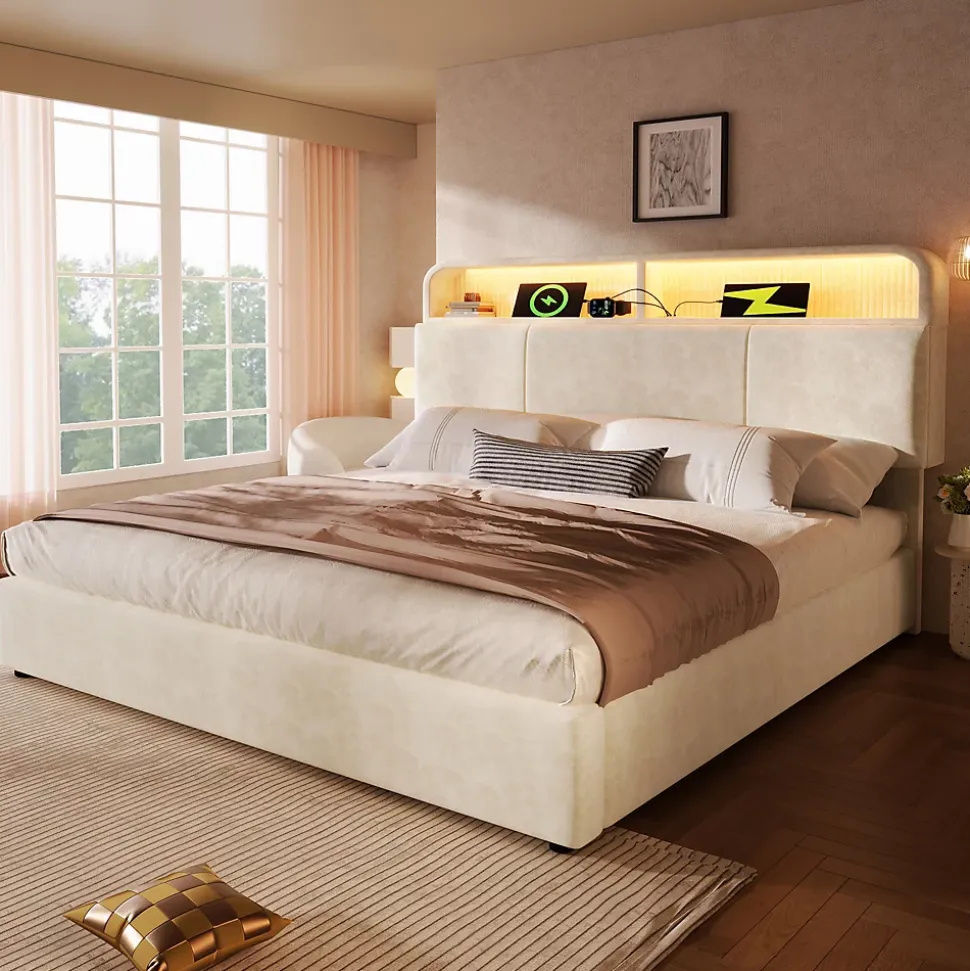 Lit coffre 180x200 cm double avec LED intégrée, tête de lit réglable, charge USB/Type-C, velours beige - Sans matelas