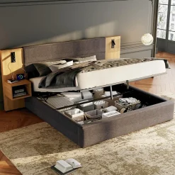 Lit coffre 180x200 cm double capitonné avec grandes oreilles, 2 tables de nuit, coffre de rangement, velours gris, sans matelas