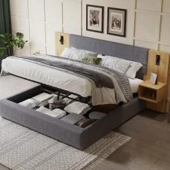 Lit coffre 180x200 cm double capitonné avec grandes oreilles, 2 tables de nuit, coffre de rangement, velours gris, sans matelas