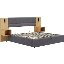 Lit coffre 180x200 cm double capitonné avec grandes oreilles, 2 tables de nuit, coffre de rangement, velours gris, sans matelas
