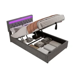 Lit coffre 140x200 cm double capitonné avec LED télécommande et ports USB-C, structure lin MDF gris, sans matelas