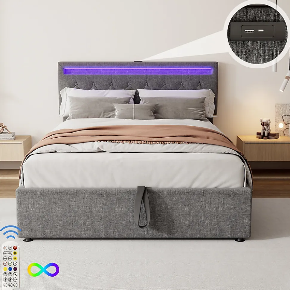 Lit coffre 140x200 cm double capitonné avec LED télécommande et ports USB-C, structure lin MDF gris, sans matelas