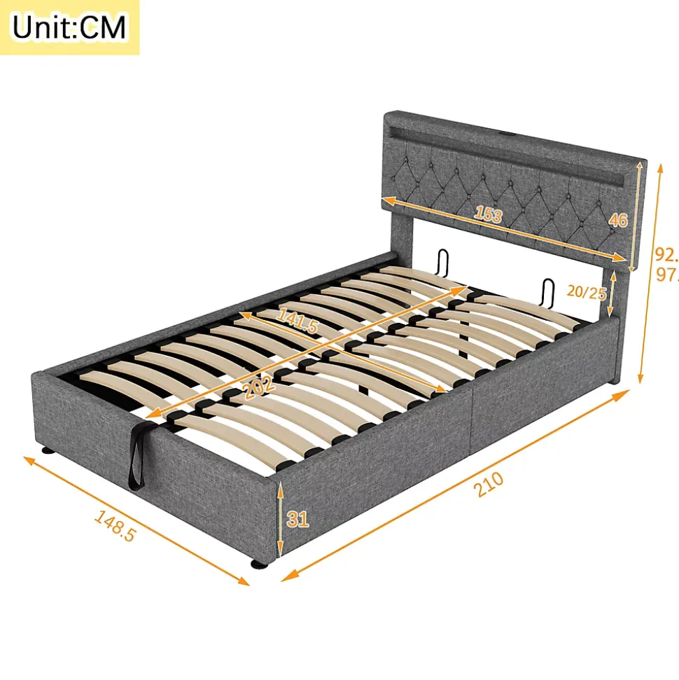 Lit coffre 140x200 cm double capitonné avec LED télécommande et ports USB-C, structure lin MDF gris, sans matelas