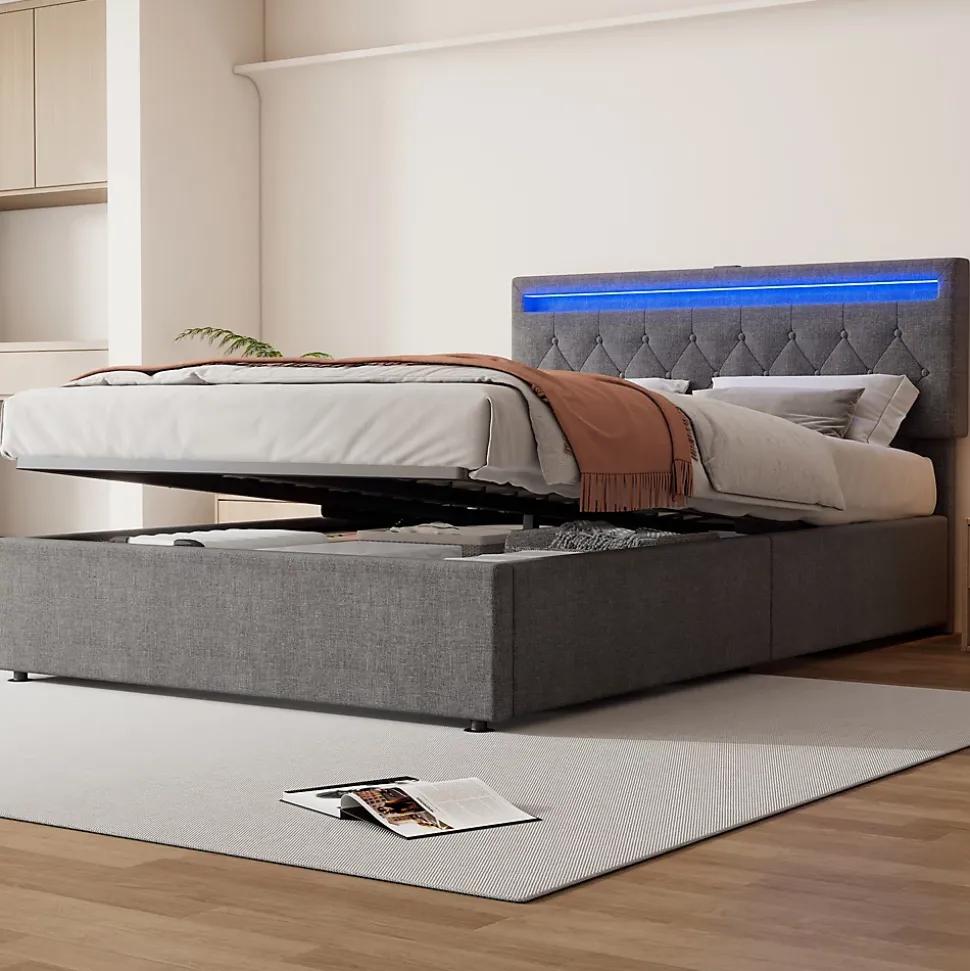 Lit coffre 140x200 cm double capitonné avec LED télécommande et ports USB-C, structure lin MDF gris, sans matelas