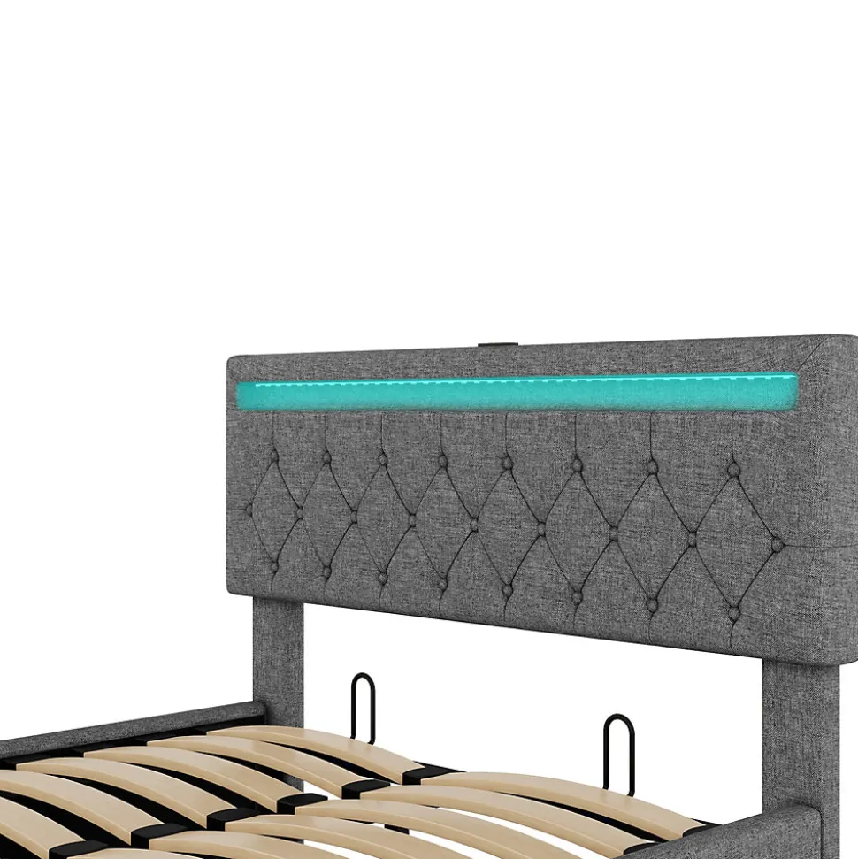Lit coffre 140x200 cm double capitonné avec LED télécommande et ports USB-C, structure lin MDF gris, sans matelas