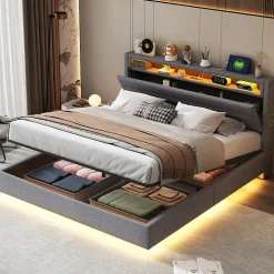 Lit Coffre 160x200 cm, Double Rembourré en Tissu Lin avec LED et Port USB, Coffre de Rangement Hydraulique - Gris - Sans Matelas