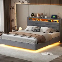 Lit Coffre 160x200 cm, Double Rembourré en Tissu Lin avec LED et Port USB, Coffre de Rangement Hydraulique - Gris - Sans Matelas