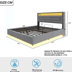 Lit Coffre 160x200 cm, Double Rembourré en Tissu Lin avec LED et Port USB, Coffre de Rangement Hydraulique - Gris - Sans Matelas