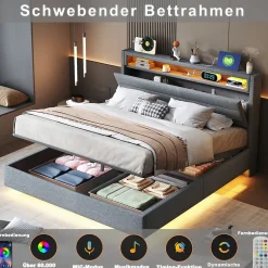 Lit Coffre 160x200 cm, Double Rembourré en Tissu Lin avec LED et Port USB, Coffre de Rangement Hydraulique - Gris - Sans Matelas