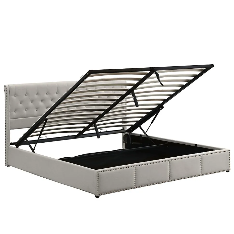 Lit coffre 160x200 cm en lin-coton, tête 102,5 cm, clous décoratifs, rangement intégré, sans matelas, gris