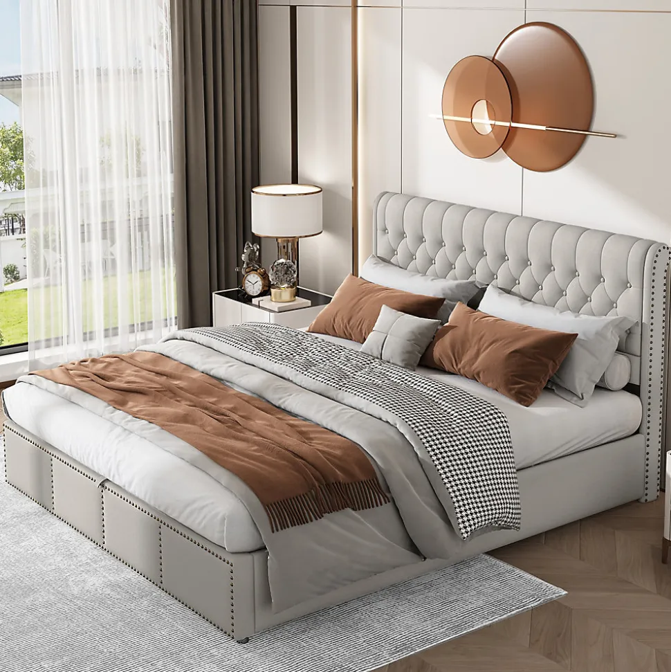 Lit coffre 160x200 cm en lin-coton, tête 102,5 cm, clous décoratifs, rangement intégré, sans matelas, gris