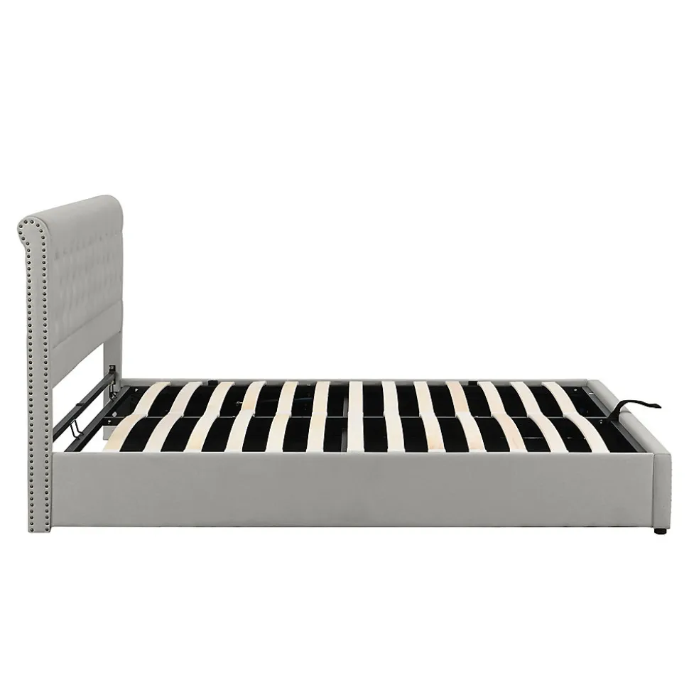 Lit coffre 160x200 cm en lin-coton, tête 102,5 cm, clous décoratifs, rangement intégré, sans matelas, gris