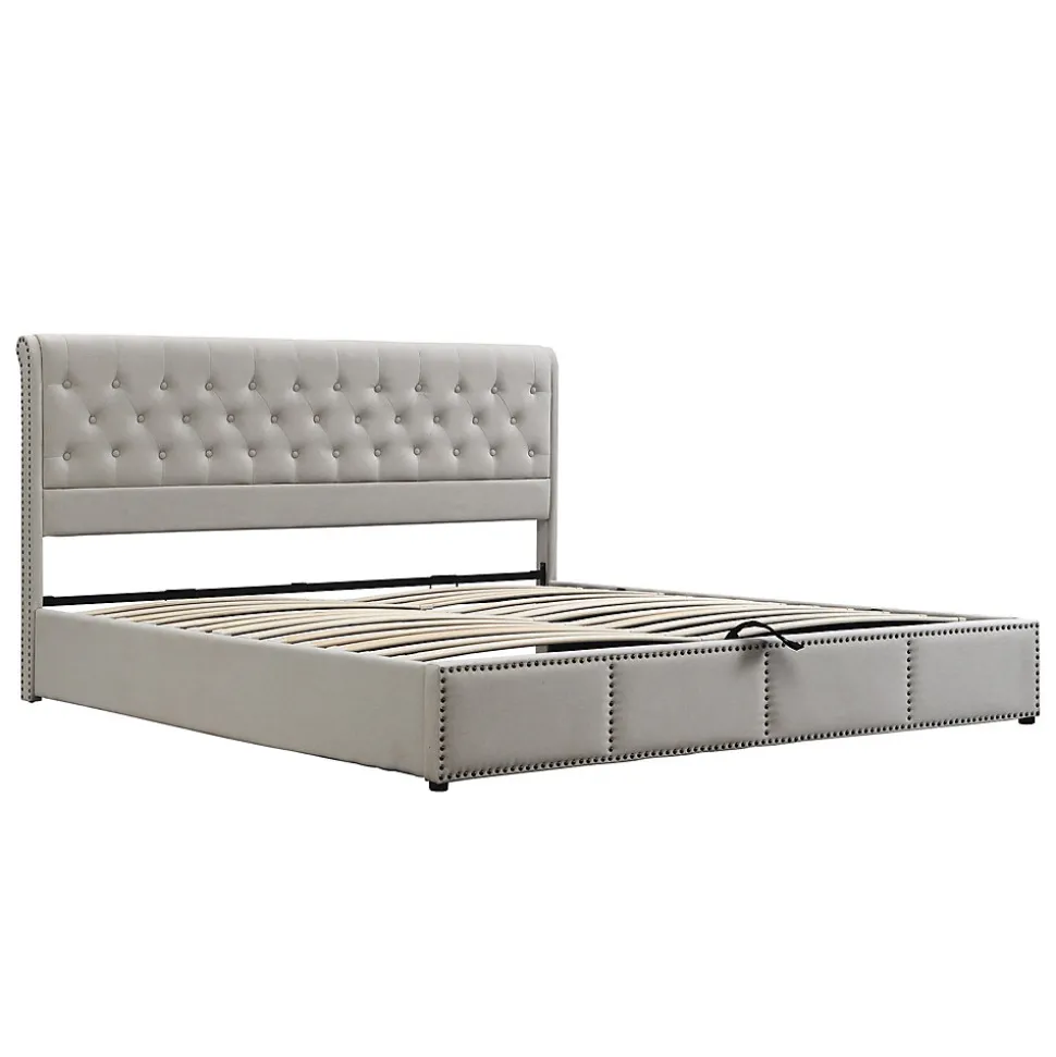 Lit coffre 160x200 cm en lin-coton, tête 102,5 cm, clous décoratifs, rangement intégré, sans matelas, gris