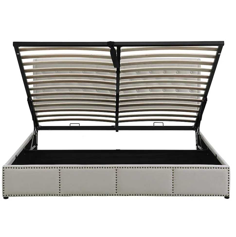 Lit coffre 160x200 cm en lin-coton, tête 102,5 cm, clous décoratifs, rangement intégré, sans matelas, gris