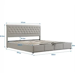 Lit coffre 160x200 cm en lin-coton, tête 102,5 cm, clous décoratifs, rangement intégré, sans matelas, gris