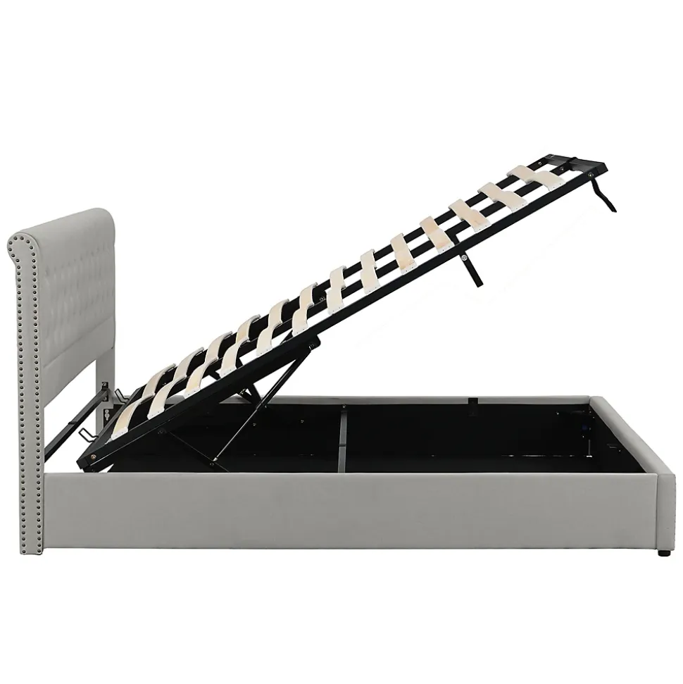 Lit coffre 160x200 cm en lin-coton, tête 102,5 cm, clous décoratifs, rangement intégré, sans matelas, gris