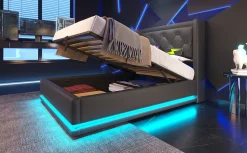 Lit coffre 90x200 cm en PU noir tête capitonnée, rangement hydraulique, LED 3 côtés et port USB-C