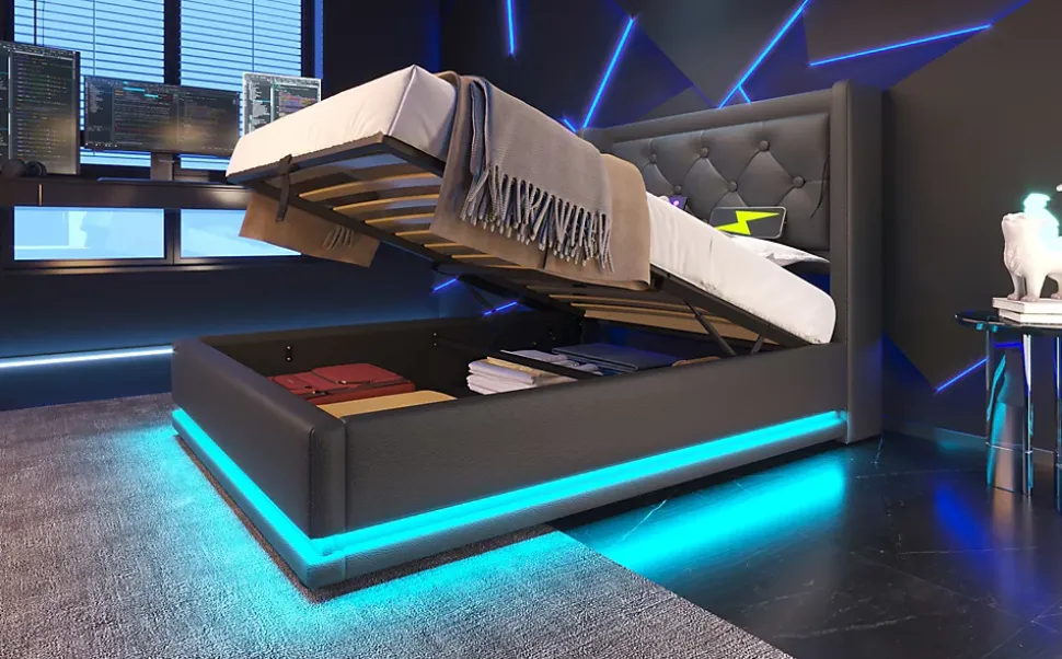 Lit coffre 90x200 cm en PU noir tête capitonnée, rangement hydraulique, LED 3 côtés et port USB-C