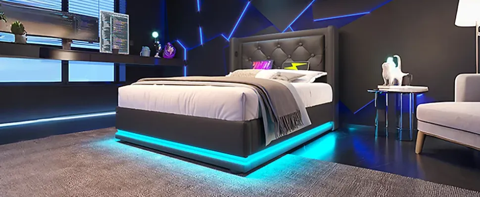 Lit coffre 90x200 cm en PU noir tête capitonnée, rangement hydraulique, LED 3 côtés et port USB-C