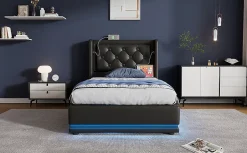 Lit coffre 90x200 cm en PU noir tête capitonnée, rangement hydraulique, LED 3 côtés et port USB-C