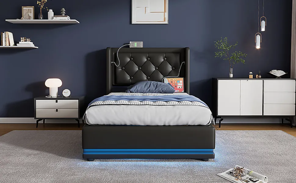 Lit coffre 90x200 cm en PU noir tête capitonnée, rangement hydraulique, LED 3 côtés et port USB-C