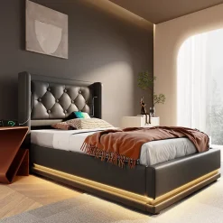 Lit coffre 90x200 cm en PU noir tête capitonnée, rangement hydraulique, LED 3 côtés et port USB-C