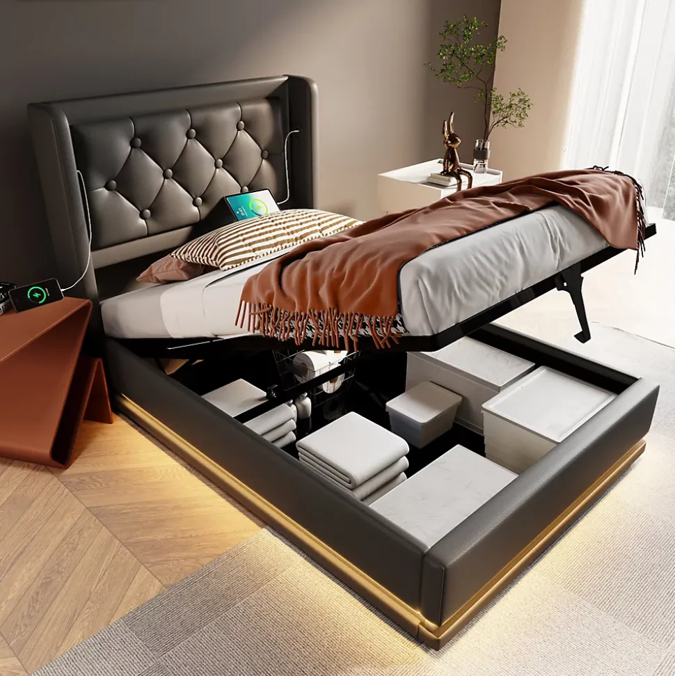 Lit coffre 90x200 cm en PU noir tête capitonnée, rangement hydraulique, LED 3 côtés et port USB-C