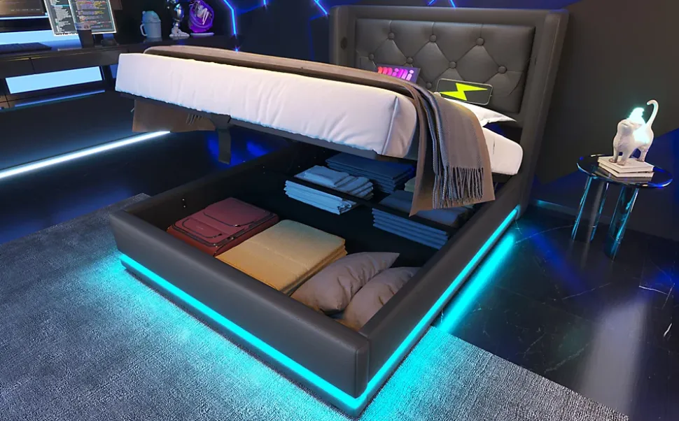 Lit coffre 90x200 cm en PU noir tête capitonnée, rangement hydraulique, LED 3 côtés et port USB-C