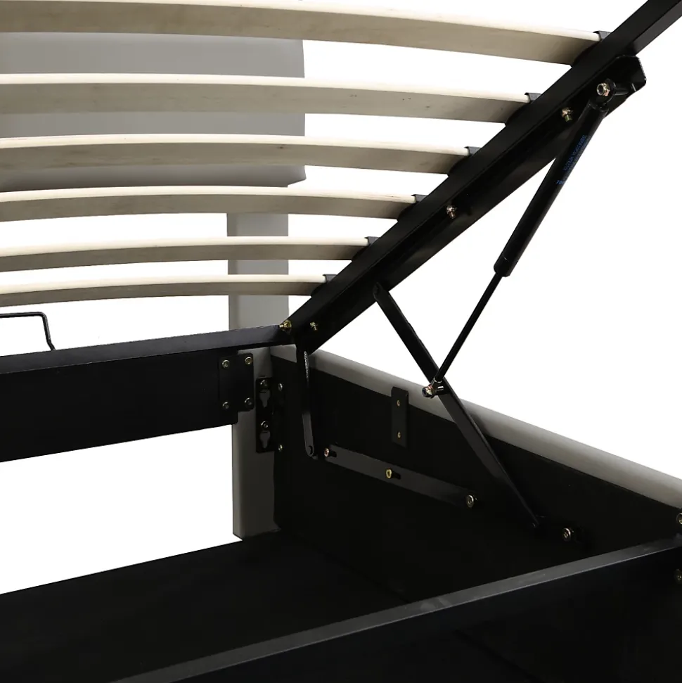 Lit coffre 180x200 cm en simili cuir PU gris clair, LED, capitonné, relevable hydraulique avec sommier à lattes et tête de lit