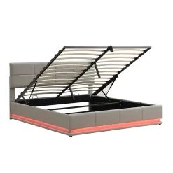 Lit coffre 180x200 cm en simili cuir PU gris clair, LED, capitonné, relevable hydraulique avec sommier à lattes et tête de lit